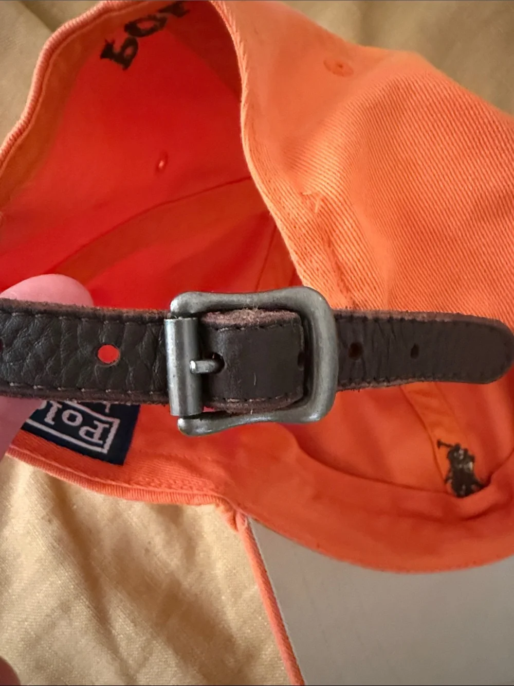 Vintage Polo Ralph Lauren Orange Baseball Hat Brown Polo Logo Leather Fastener